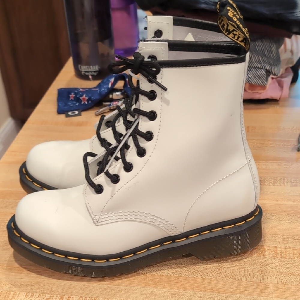 Dr. Martens Black and White Combat Boots with Yellow Stitching - Picture 5 of 6